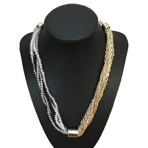 Crystal Beads and Gold Tone Chain Necklace, Asymmetrical Statement Piece